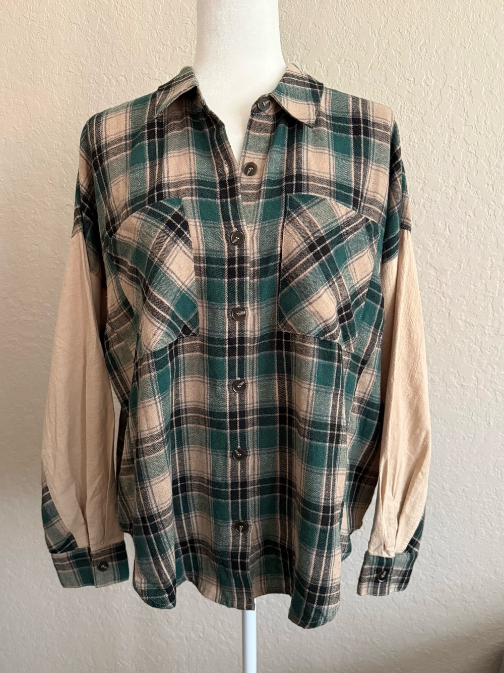 Hem & Thread Green Plaid Colorblock Oversized Flannel Shirt NWT Small